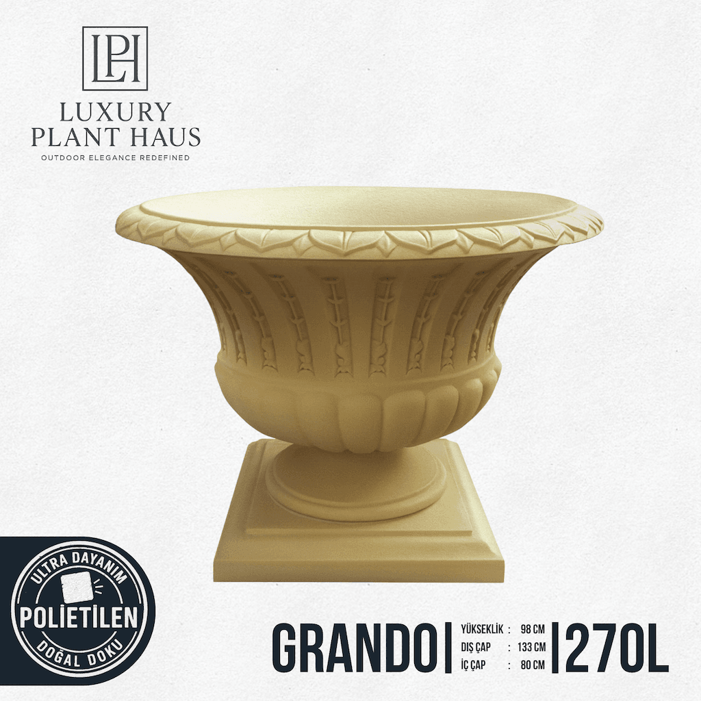 GRANDO Lüks Dış Mekan Saksı | Klasik Doğal Doku Bahçe ve Villa Saksısı (133x98 cm – 270 Litre)